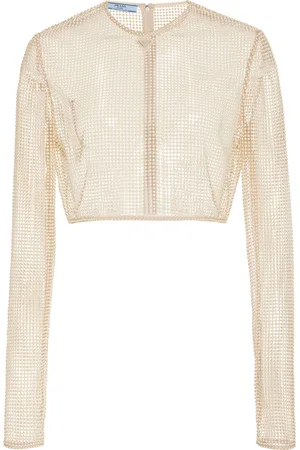 Prada Pearl-Embroidered Mesh Cropped Top - - IT 38 - Moda Operandi