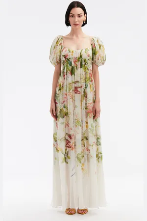 Oscar de la Renta Puff Sleeve Scoop Neck Floral & Fauna Chiffon Gown - - US 2 - Moda Operandi