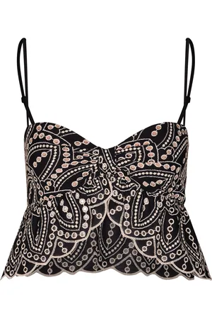 JOHANNA ORTIZ Lunch Date Embroidered Cotton-Blend Crop Top - Black/white - US 0 - Moda Operandi