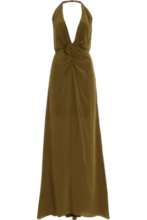 De La Vali Violetta Rosette Crepe de Chine Maxi Halter Dress - - UK 12 - Moda Operandi