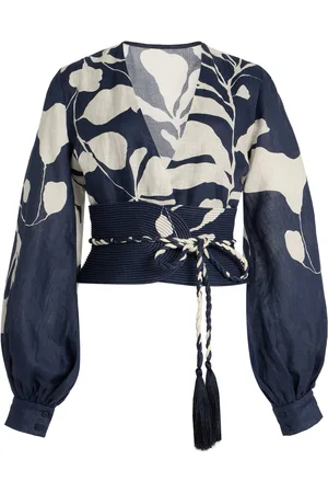 Andres Otalora La Postale Belted Botanical Linen Balloon-Sleeve Top - - US 0 - Moda Operandi