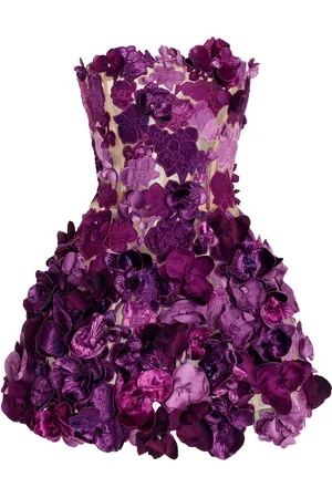 Oscar de la Renta Strapless Satin Orchid Embroidered Cocktail Dress - - US 6 - Moda Operandi