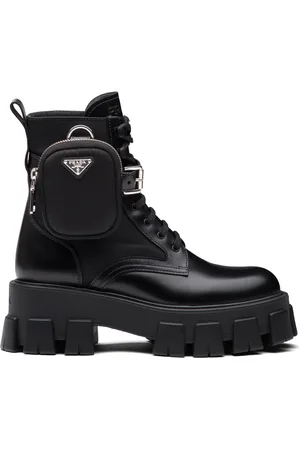Prada Pouch-Detailed Leather Lace-Up Boots - - IT 36 - Moda Operandi