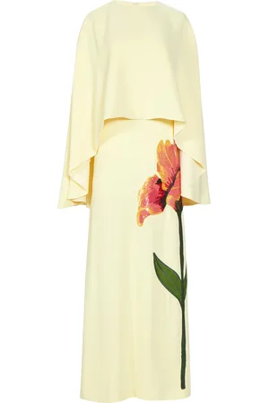 Costarellos Meena Floral-Appliqued Crepe Cape-Effect Column Gown - - FR 36 - Moda Operandi
