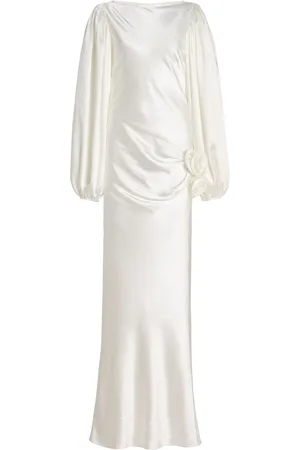 De La Vali Vivir Baloon-Sleeve Rose-Detailed Hammered-Satin Maxi Dress - - UK 8 - Moda Operandi