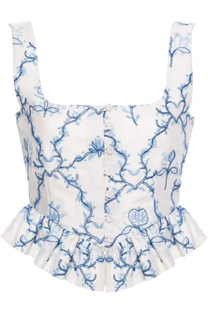 Agua by Agua Bendita Eslabon Floral Ruffled Linen Top - - XS - Moda Operandi
