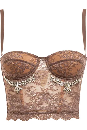 Des Phemmes Crystal-Embellished Lace Bustier Crop Top - - S - Moda Operandi