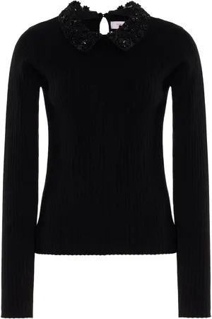 Carolina Herrera Embroidered-Collar Knit Wool Top - - XS - Moda Operandi