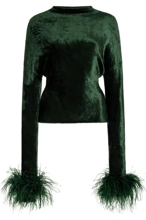 LAPOINTE Feather-Trimmed Dolman-Sleeve Velvet Top - - L - Moda Operandi