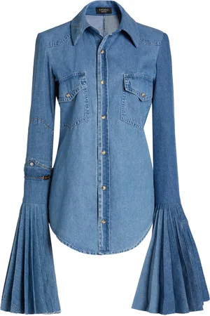 A.W.A.K.E. MODE Recycled Denim Pleated Bell Sleeves Top - - FR 34 - Moda Operandi