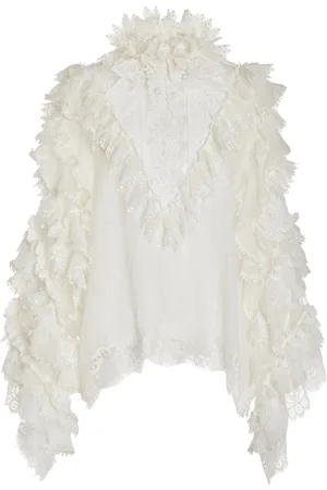 ZIMMERMANN Crush Lace-Trimmed Ruffle Linen-Silk Top - - XS - Moda Operandi