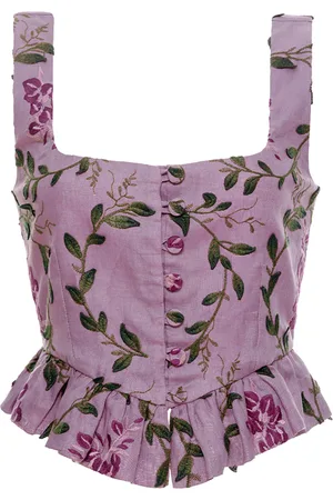 Agua by Agua Bendita Eslabon Floral Ruffled Linen Top - - L - Moda Operandi