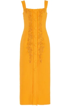 Carolina Herrera Embroiderd Cotton-Linen Midi Dress - - US 10 - Moda Operandi
