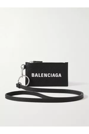 Balenciaga Logo-Print Full-Grain Leather Cardholder with Lanyard - Men