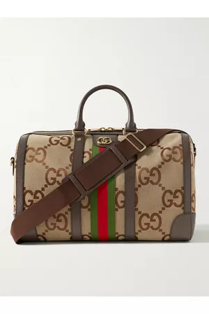 Gucci Leather and Webbing-Trimmed Monogrammed Canvas Duffle Bag - Brown