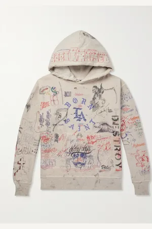 SAINT MXXXXXX Born X Raised Distressed Crystal-Embellished Printed Cotton-Jersey Hoodie - Men - - S