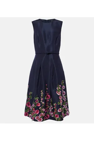 Oscar de la Renta Lace Knit Handkerchief Hem Midi Dress in Navy