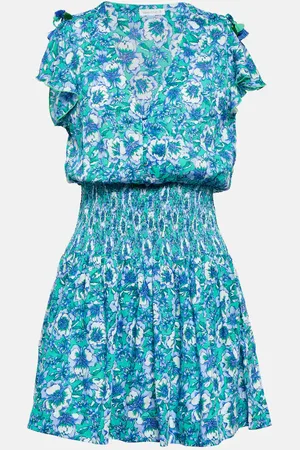 Poupette St Barth - Mae store Batik Floral Ruffled Halter Blue Aqua Green Dress -Small