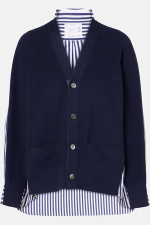 SACAI Striped poplin-trimmed cotton cardigan