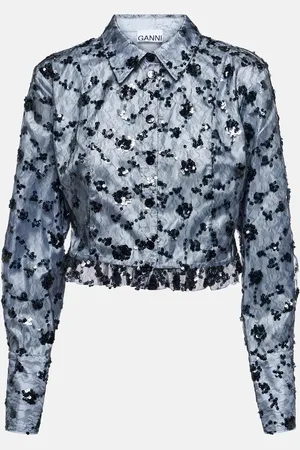 Ganni Sequined lace cropped shirt
