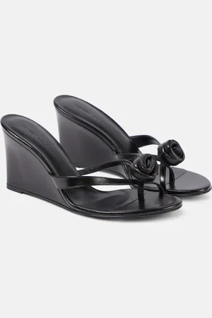 MAGDA BUTRYM Floral-appliquÃ© leather wedge mules
