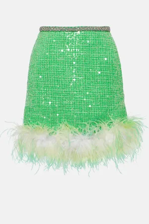 Self-Portrait Feather-trimmed sequined bouclÃ© miniskirt