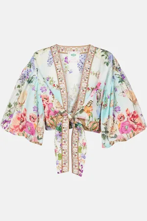 Camilla Tie-front puff-sleeve crop top