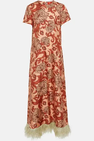 La DoubleJ Swing feather-trimmed silk twill maxi dress