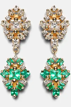 Suzanne Kalan La Fantaisie 18kt gold drop earrings with diamonds and emeralds