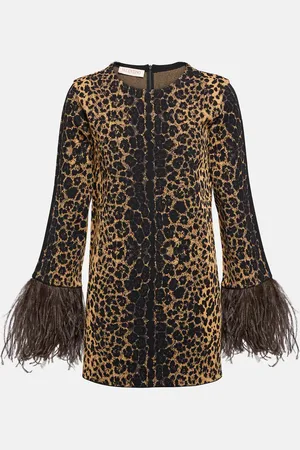 VALENTINO Feather-trimmed leopard-print sweater