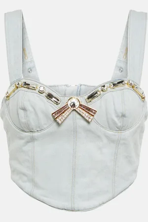 AREA Crystal-embellished denim crop top