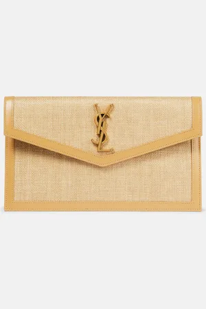 Saint Laurent Uptown leather-trimmed raffia clutch