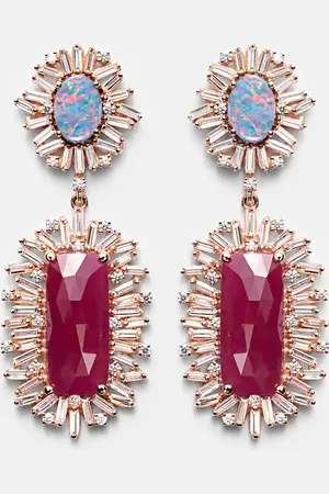 Suzanne Kalan One of a Kind 18kt rose gold drop earrings with diamonds, rubies and opal