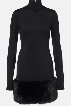 Prada Faux fur-trimmed turtleneck jersey minidress