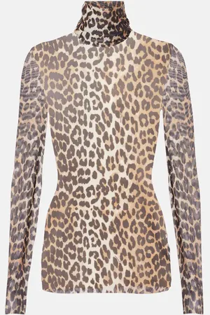 Ganni Leopard-print mesh turtleneck top