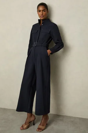 Reiss Navy Kaia Tailored Wide Leg Utility Jumpsuit AU 12
