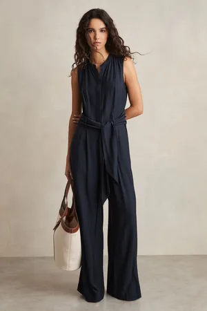 Reiss Navy Raven Wide-Leg Belted Jumpsuit AU 16