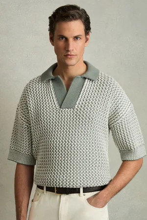 Reiss Oliver Chunky-Knit Open-Collar Polo Shirt M