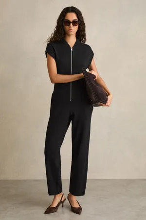 Reiss Black Nellie Cotton Knit Zip-Front Jumpsuit XS