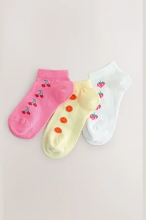 Next White, Pink and Yellow 3 Pack Cotton Rich Fruit Trainer Socks 9-12 Jnr