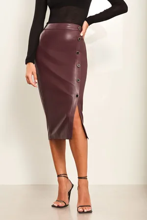 Lipsy London Womens Faux Leather Button Midi Pencil Skirt