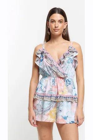 River Island Womens Ruffle Cold Shoulder Playsuit