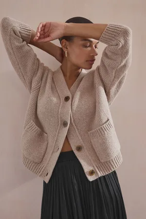 Next Womens Neutral Wool Blend Yak Soft Touch Front Pocket Knitted Cardigan