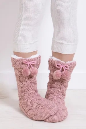 Totes Womens Ladies Chunky Knit Slipper Socks with Poms