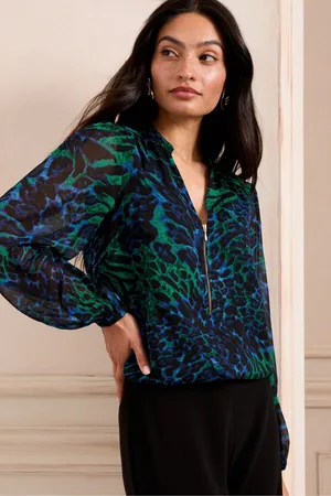 Love & Roses Womens Animal Print Zip Front Mix Sheer Long Sleeve Blouse