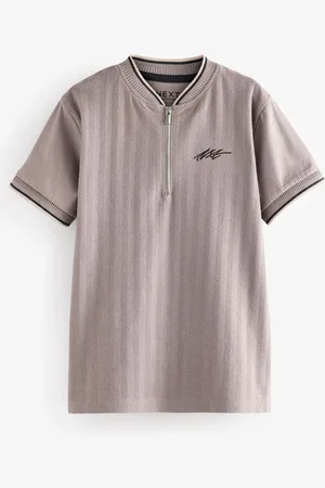 Next Boys Stone Textured Short Sleeve Zip Neck 100% Cotton Polo Shirt (3-16yrs)