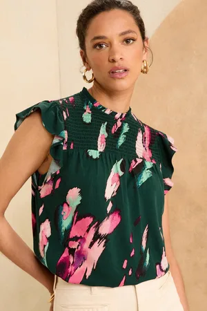 Love & Roses Womens Feather Printed Shirred Yoke Shell Top