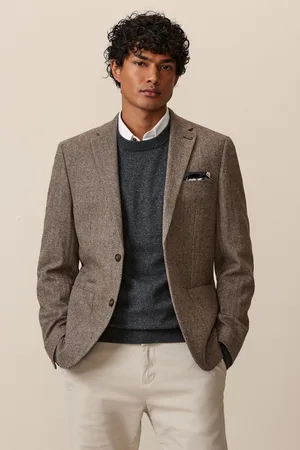 Next Mens Taupe Regular Fit Wool Rich Herringbone Blazer