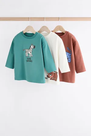 Next Boys /Brown 100% Cotton Long Sleeve Animal Print Character T-Shirts 3 Pack (3mths-7yrs)