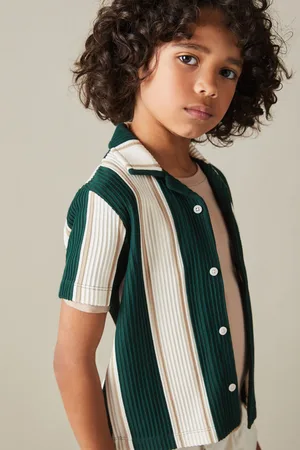 Reiss Boys Forest / Off White/ Soft Camel Brown Alton 9-13 yrs Ribbed Cuban Collar Shirt
